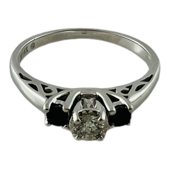 14K White Gold 3 Stone Natural Diamond Lab Created Sapphires Ring #15619 - Picture 4 of 9